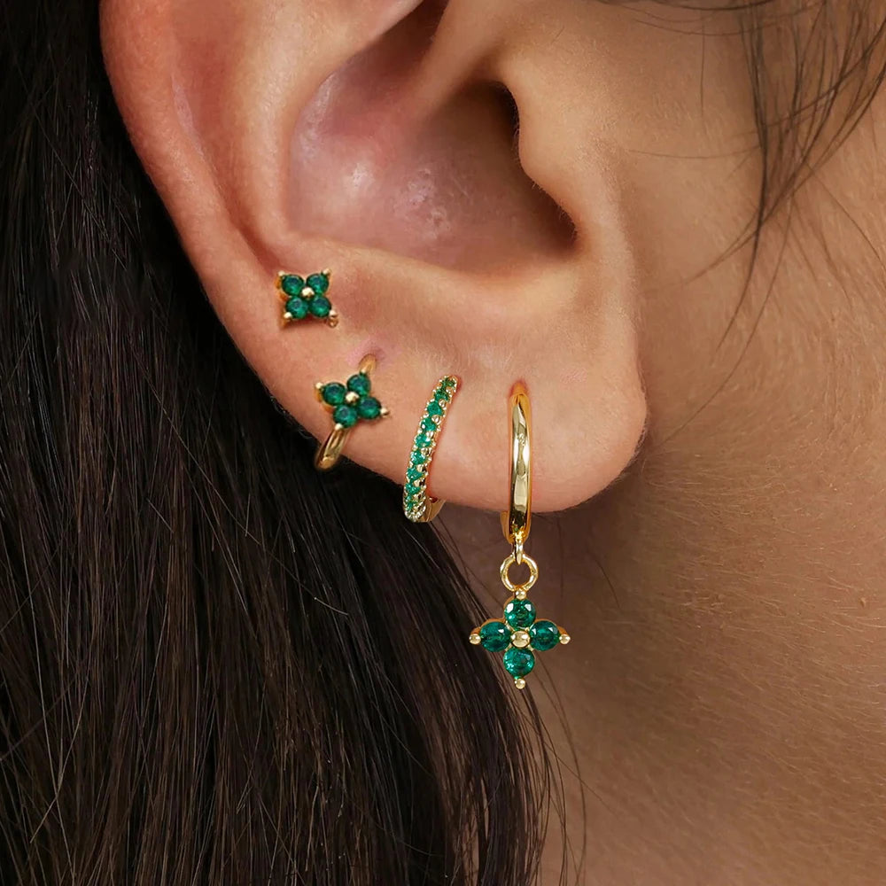 4Pcs Cubic Zirconia Flower Hoop Earrings Set 18k Gold- & Silver-Plated Stainless Steel
