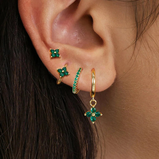 4Pcs Cubic Zirconia Flower Hoop Earrings Set 18k Gold- & Silver-Plated Stainless Steel