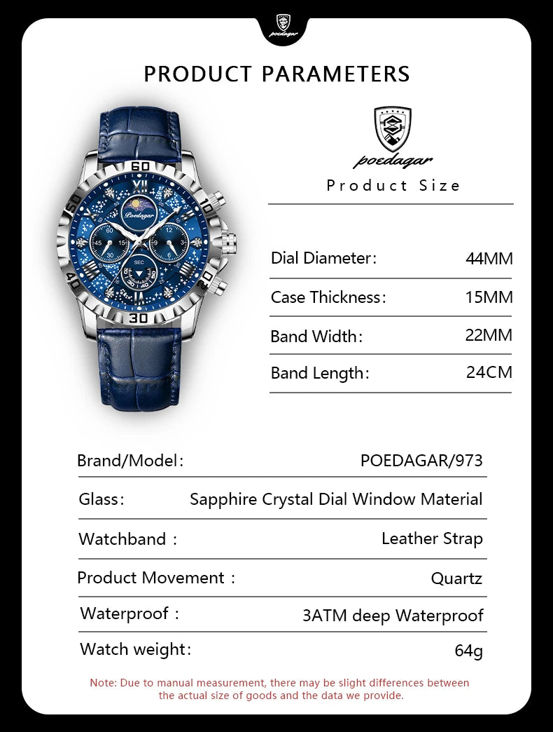 POEDAGAR men's Luxury Fashion Watch Waterproof Chronograph Leather Quartz Wriswatch