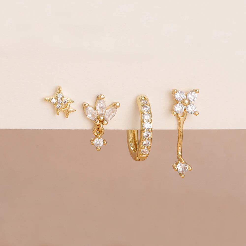 4-Pieces Zircon Star Moon Flower Small Hoop Earrings Set for Women