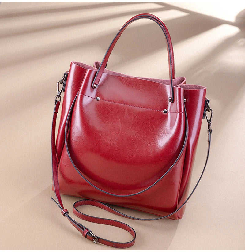 Genuine Leather Tote Bag - Vintage Women's Shoulder Handbag