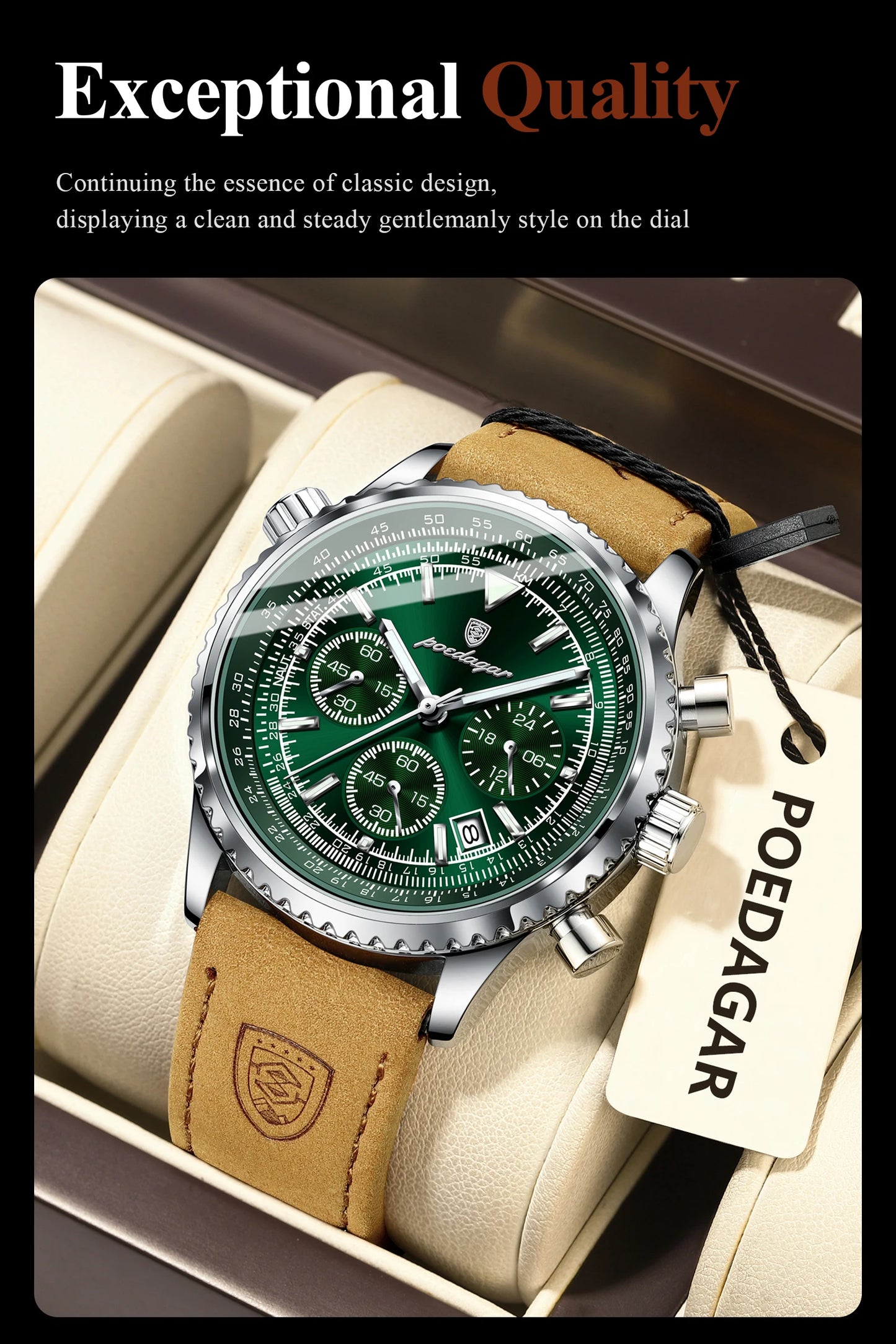 POEDAGAR Men's Luxury Business Luxury Business Watch Waterproof Choreograph Date Leather Quratz Wristwatch Date