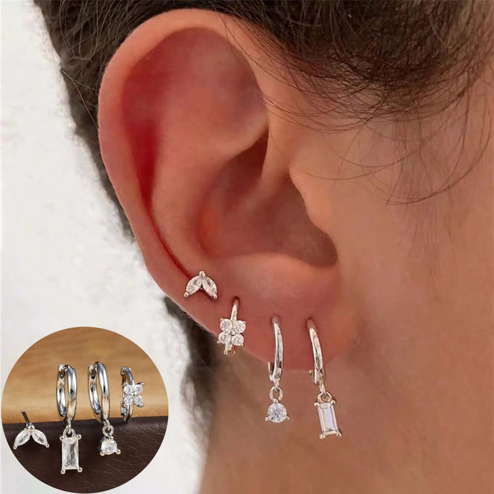 4Pcs Cubic Zirconia Flower Hoop Earrings Set 18k Gold- & Silver-Plated Stainless Steel