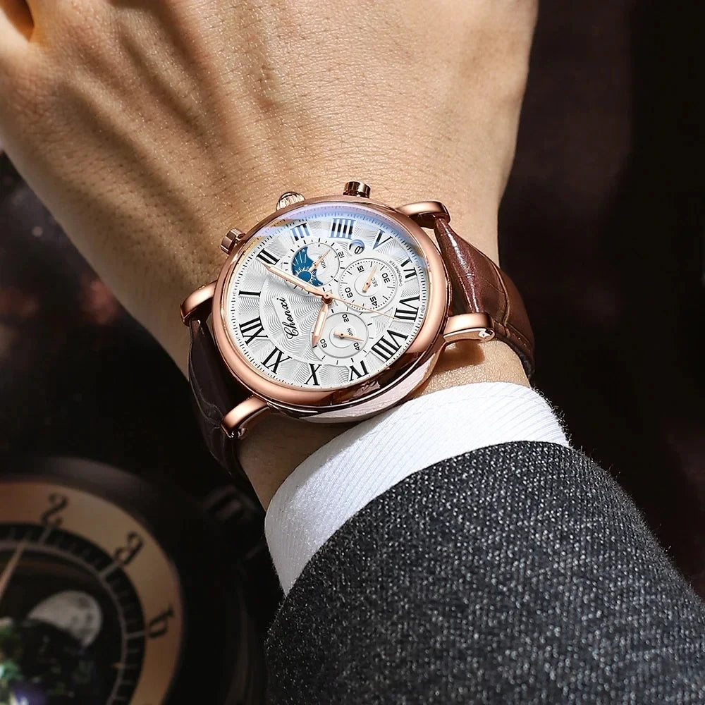 CHENXI 1973 Chronograph Watch- Moon Phase, Date Display & Leather Strap
