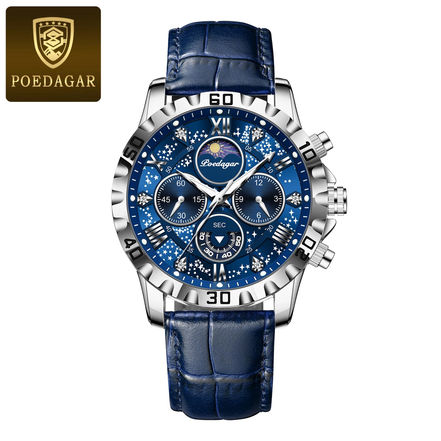 POEDAGAR men's Luxury Fashion Watch Waterproof Chronograph Leather Quartz Wriswatch