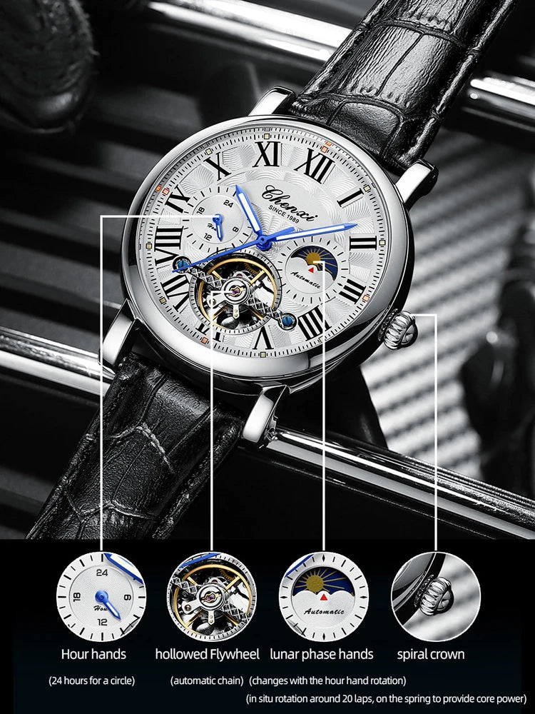 Watch For Men Business Fashion Genuine Leather Waterproof Mechanical Watch New 2024