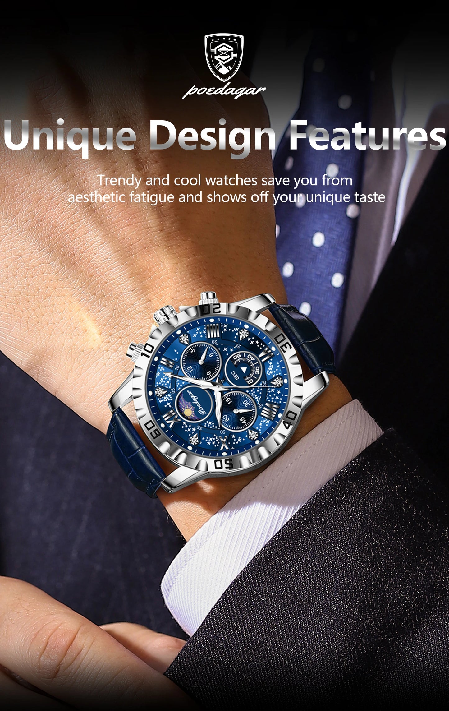 POEDAGAR men's Luxury Fashion Watch Waterproof Chronograph Leather Quartz Wriswatch