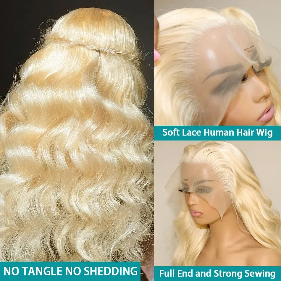 13x4 Lace Front Wig 613 Blond Body Wave Brazilian Human Hair 220 Density Pre- Plucked