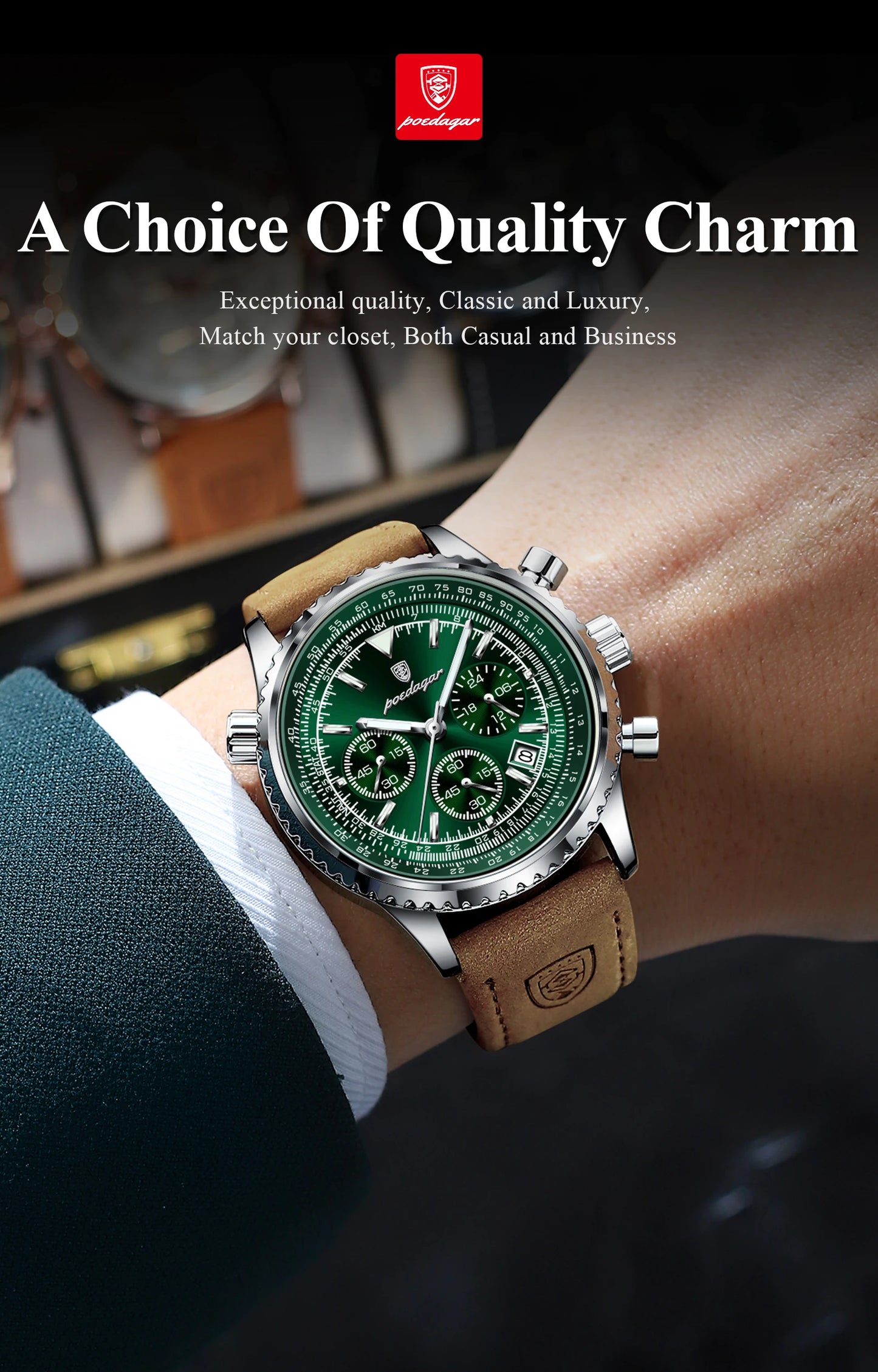 POEDAGAR Men's Luxury Business Luxury Business Watch Waterproof Choreograph Date Leather Quratz Wristwatch Date