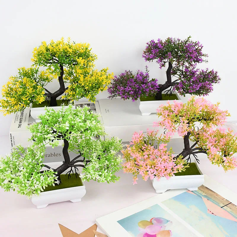 Artificial Bonsai Tree with Flower-Fake Potted Plant for Home Room & Garden Decoration