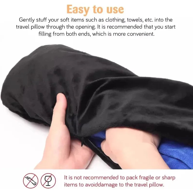 Travel Neck Pillow with Fillable Clothing U-shaped Velvet Cover & Extra Storage Bag