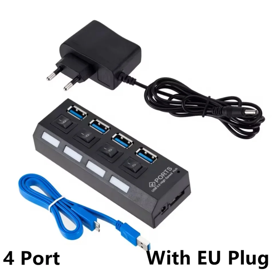 USB 3.0 HUB - High Speed 4/7 Port Splitter with power Adapter & On/ Off Switch