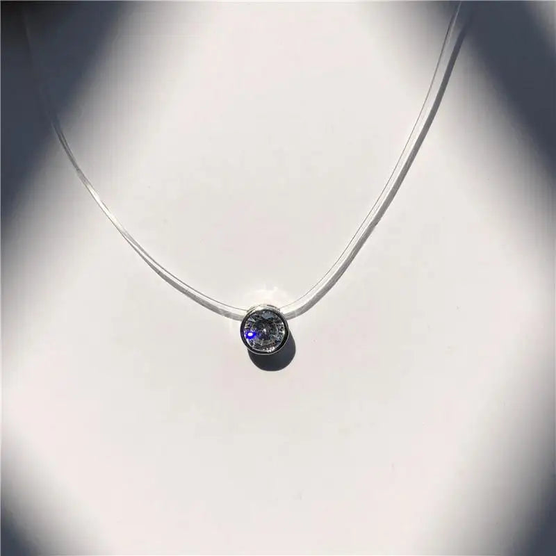 Crystal Zircon Water Drop Pendant Necklace - Invisible Chain Choker for Women