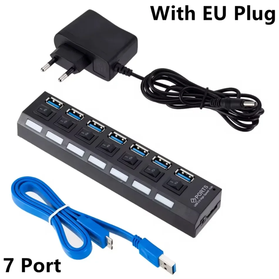 USB 3.0 HUB - High Speed 4/7 Port Splitter with power Adapter & On/ Off Switch