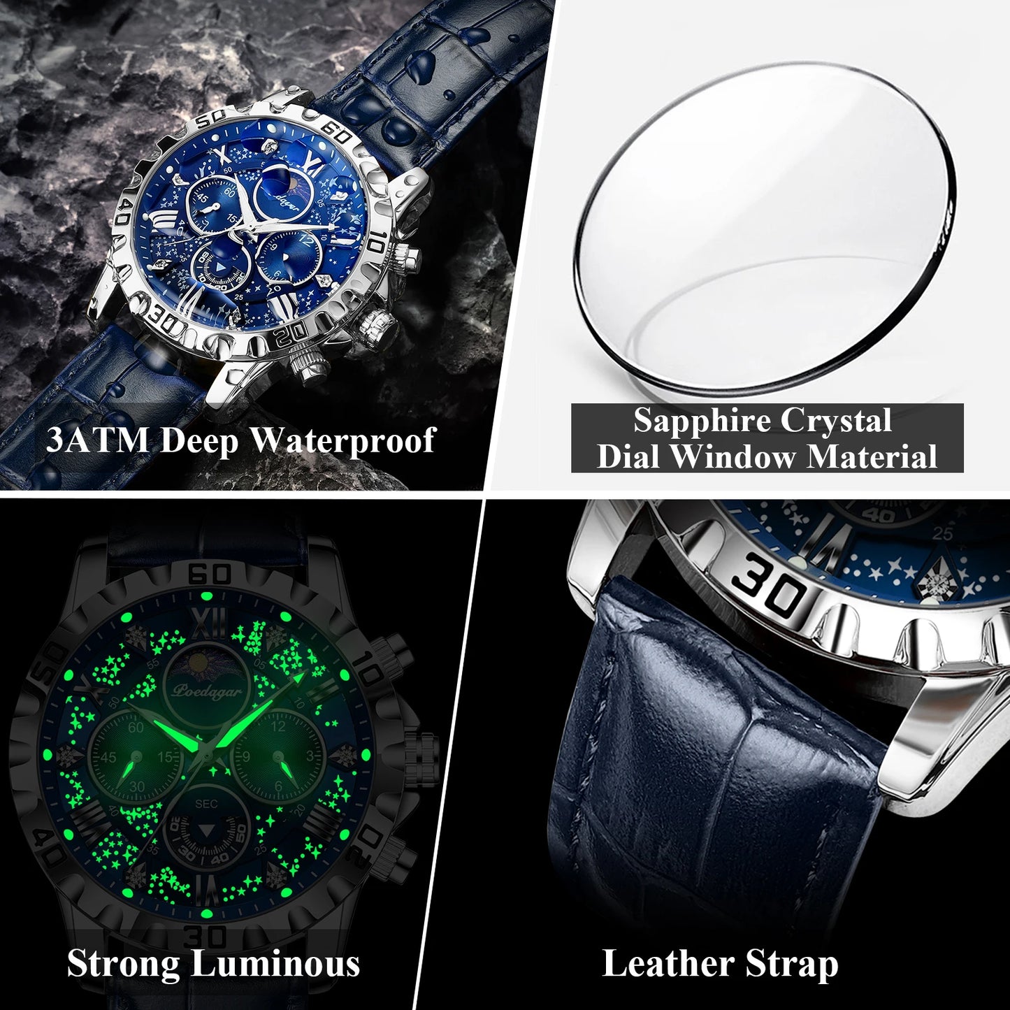 POEDAGAR men's Luxury Fashion Watch Waterproof Chronograph Leather Quartz Wriswatch