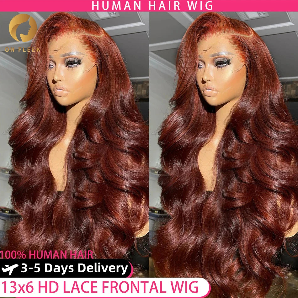 13x4 Reddish Brown Body Wave Lace Front Wig Human Hair HD Lace Pre-Plucked 4x4 Closure