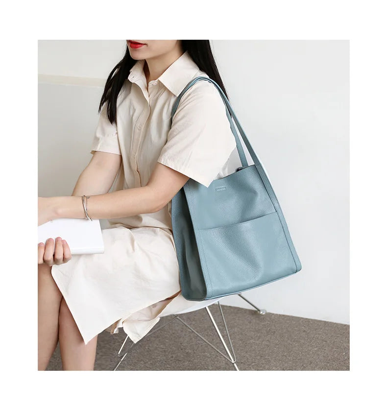 Luxury 100% Genuine Cowhide Leather Tote Bucket Bag