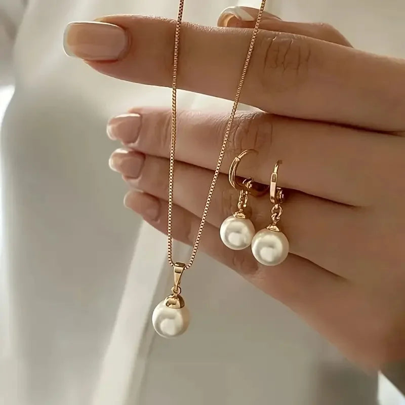 Pearl Pendant Necklace Set for Women - 3 Pcs Rhinestone Earring & Necklace Jewelry Gift Set
