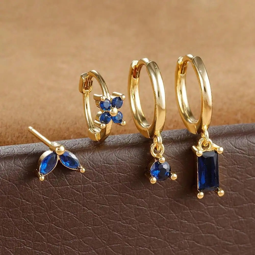 4Pcs Cubic Zirconia Flower Hoop Earrings Set 18k Gold- & Silver-Plated Stainless Steel