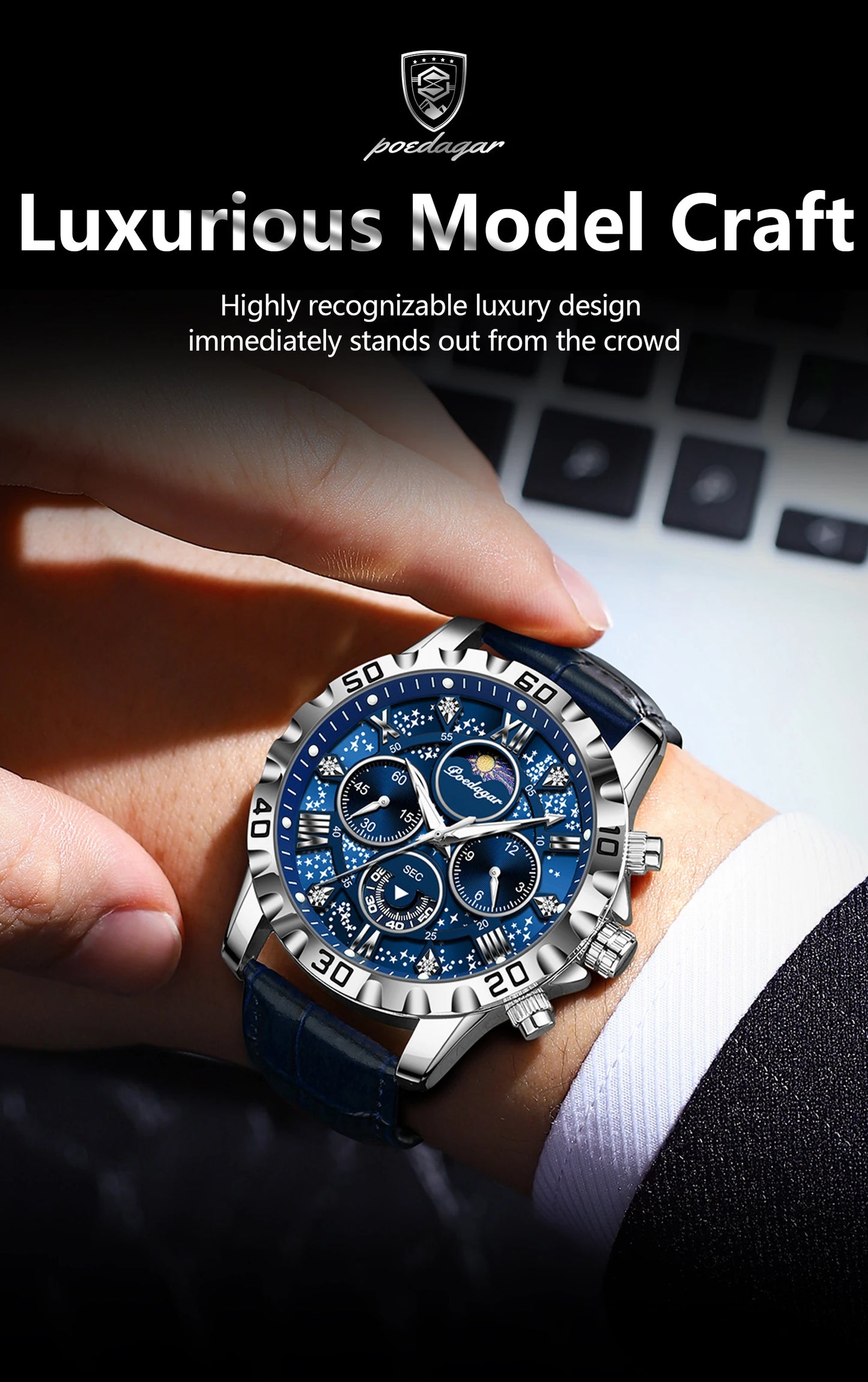 POEDAGAR men's Luxury Fashion Watch Waterproof Chronograph Leather Quartz Wriswatch