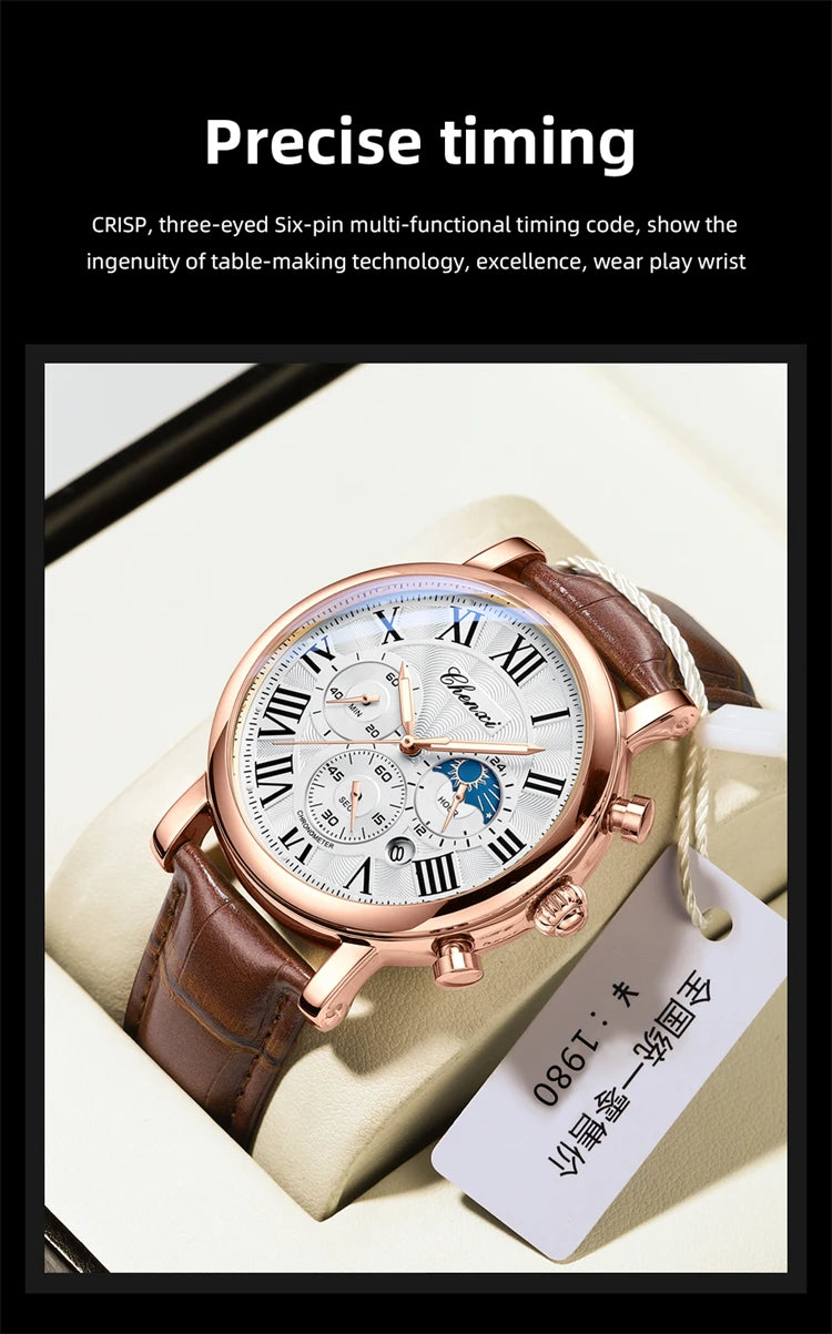 CHENXI 923 Men's Fashion Watch- Moon Phase, Roman Numeral Dial & Leather Strap