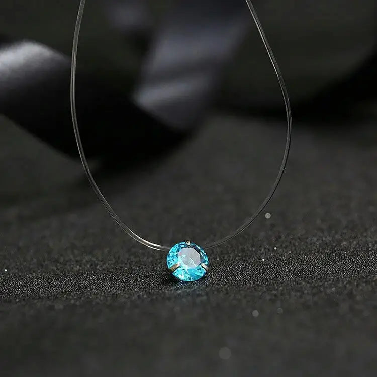 Crystal Zircon Water Drop Pendant Necklace - Invisible Chain Choker for Women