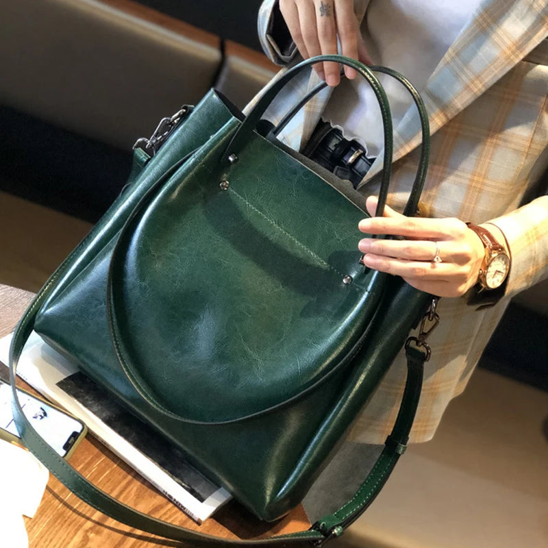 Genuine Leather Tote Bag - Vintage Women's Shoulder Handbag