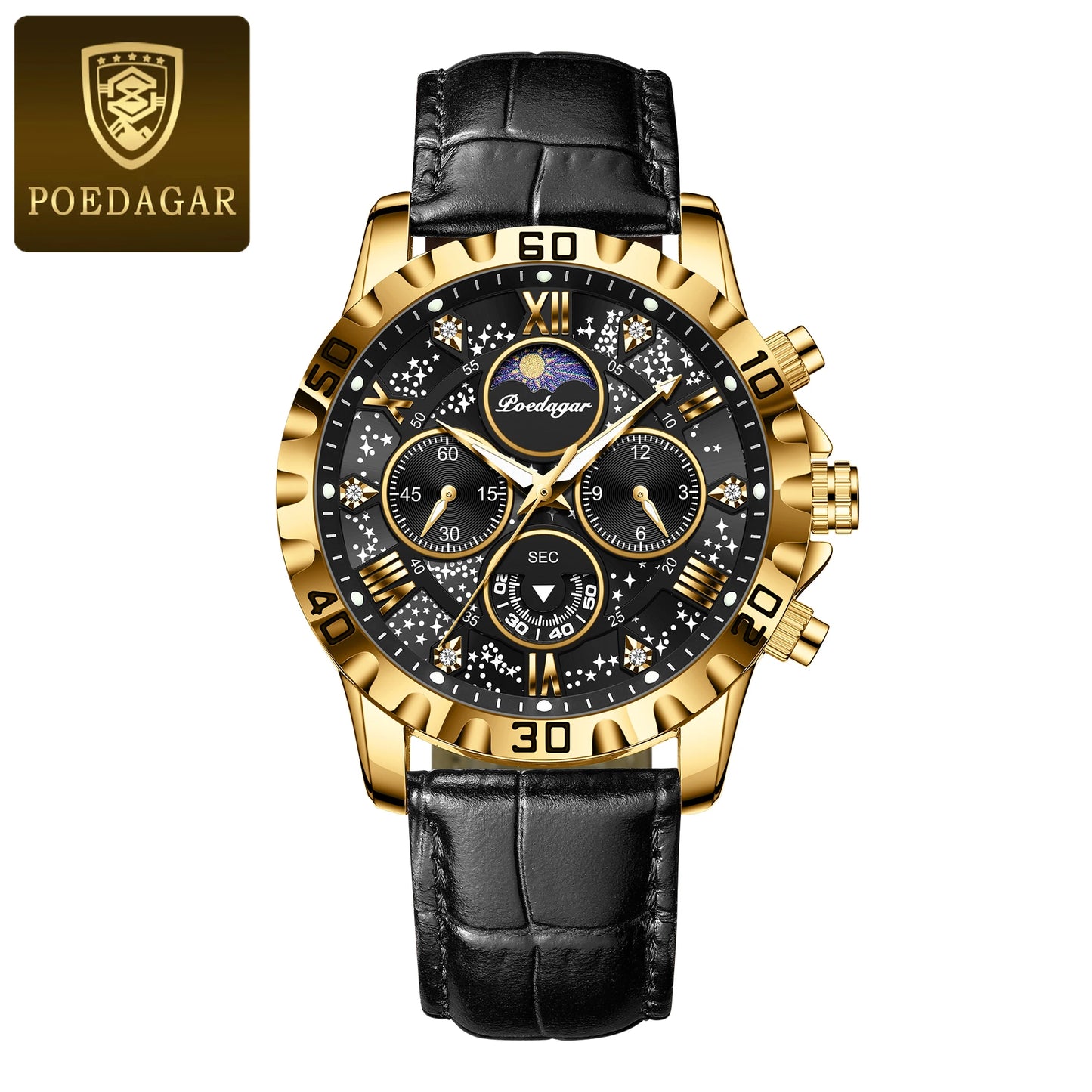 POEDAGAR men's Luxury Fashion Watch Waterproof Chronograph Leather Quartz Wriswatch