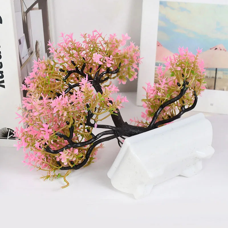 Artificial Bonsai Tree with Flower-Fake Potted Plant for Home Room & Garden Decoration