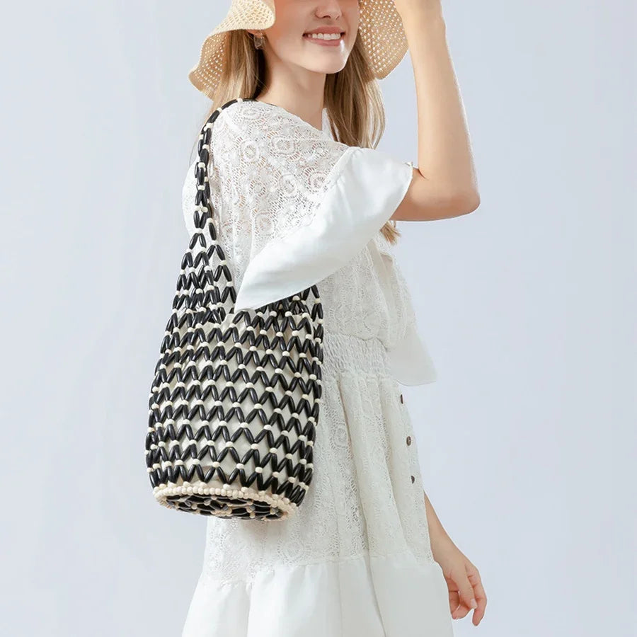 Women's Woven Bucket Bag- Hollow Out Beach Tote Shoulder Handbag