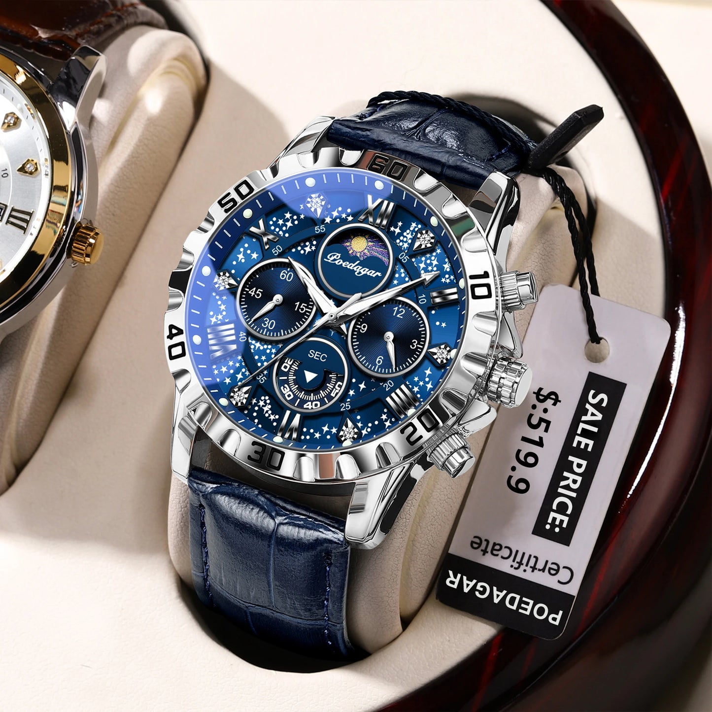 POEDAGAR men's Luxury Fashion Watch Waterproof Chronograph Leather Quartz Wriswatch