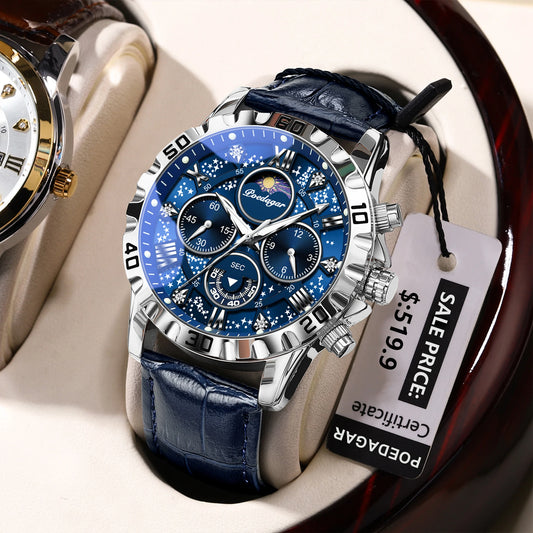 POEDAGAR men's Luxury Fashion Watch Waterproof Chronograph Leather Quartz Wriswatch