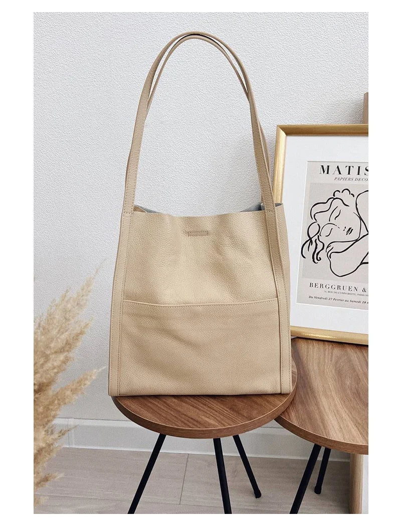 Luxury 100% Genuine Cowhide Leather Tote Bucket Bag