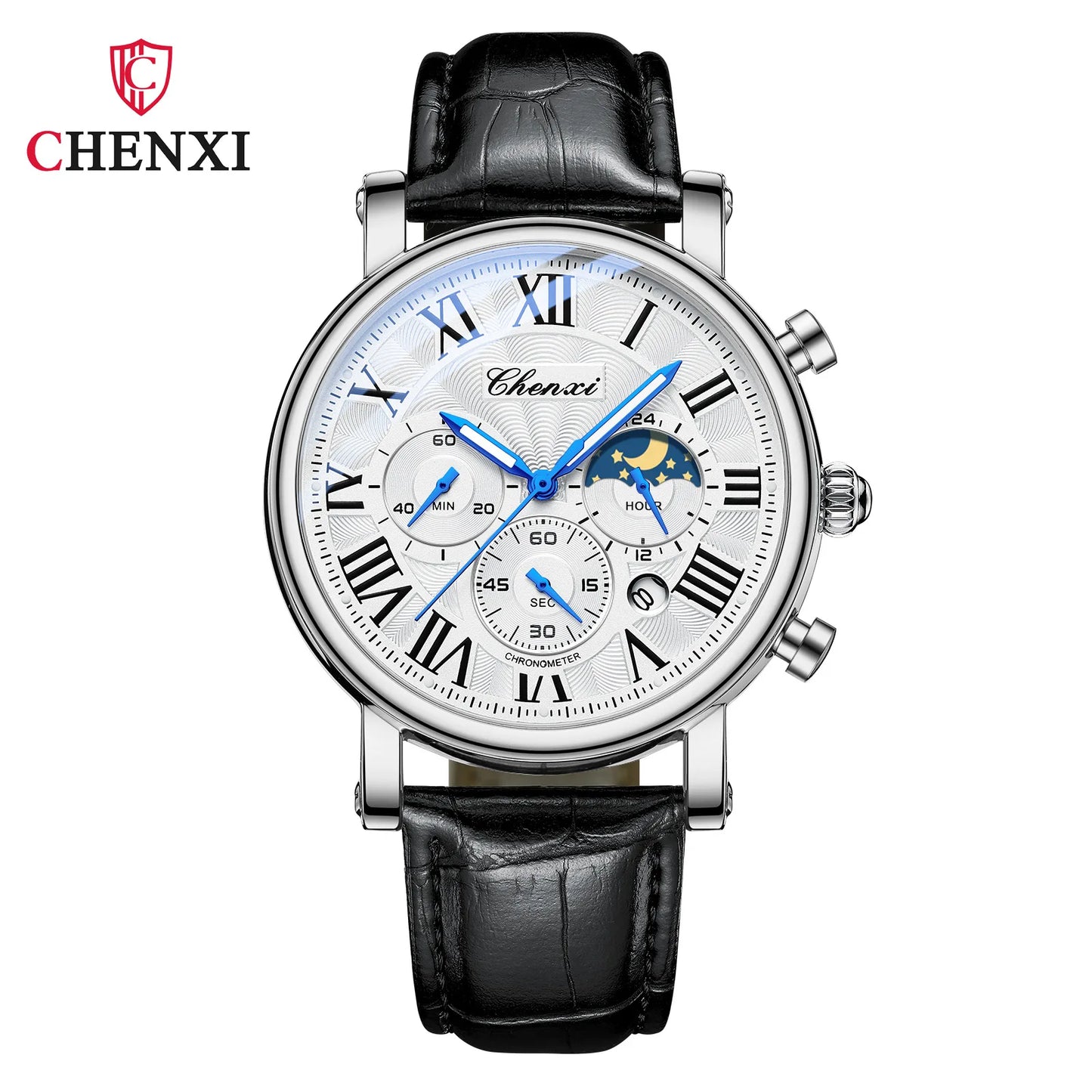 CHENXI 1973 Chronograph Watch- Moon Phase, Date Display & Leather Strap