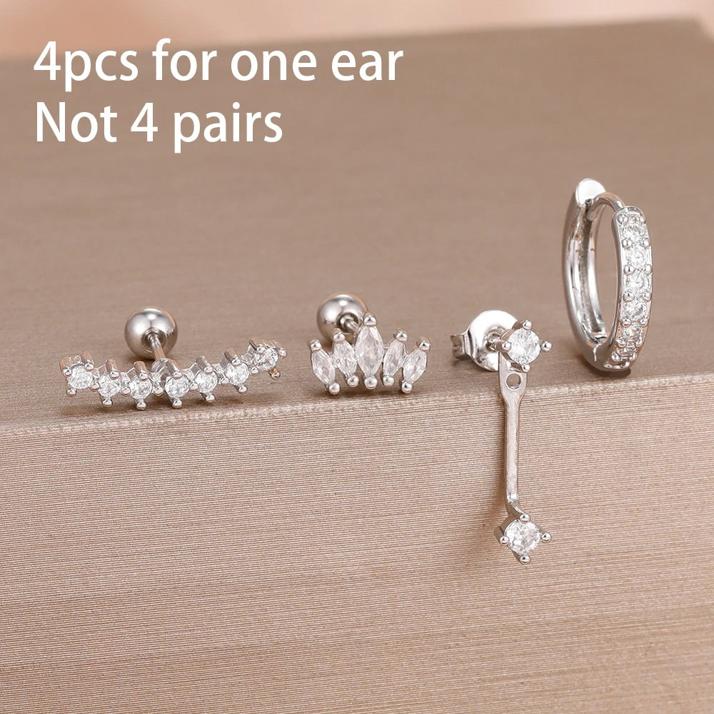 4-Pieces Zircon Star Moon Flower Small Hoop Earrings Set for Women
