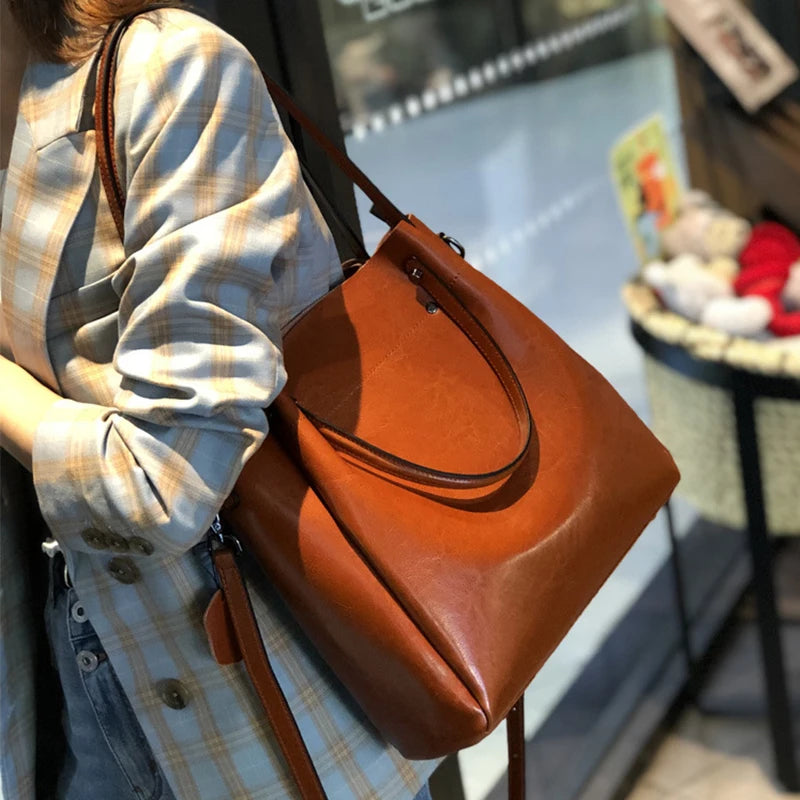Genuine Leather Tote Bag - Vintage Women's Shoulder Handbag