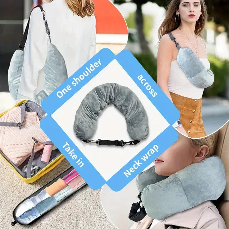 Travel Neck Pillow with Fillable Clothing U-shaped Velvet Cover & Extra Storage Bag