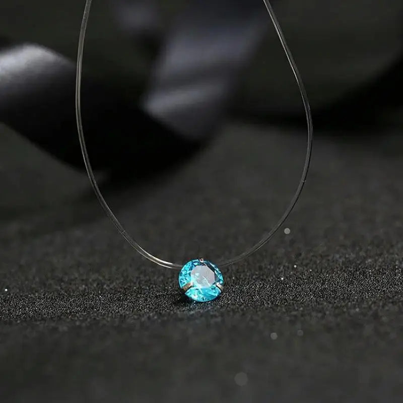 Crystal Zircon Water Drop Pendant Necklace - Invisible Chain Choker for Women