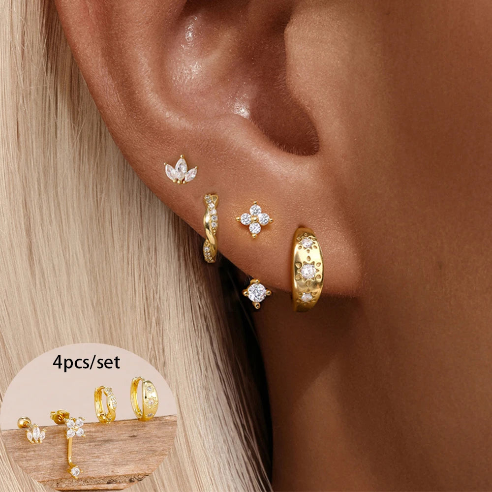 4-Pieces Zircon Star Moon Flower Small Hoop Earrings Set for Women