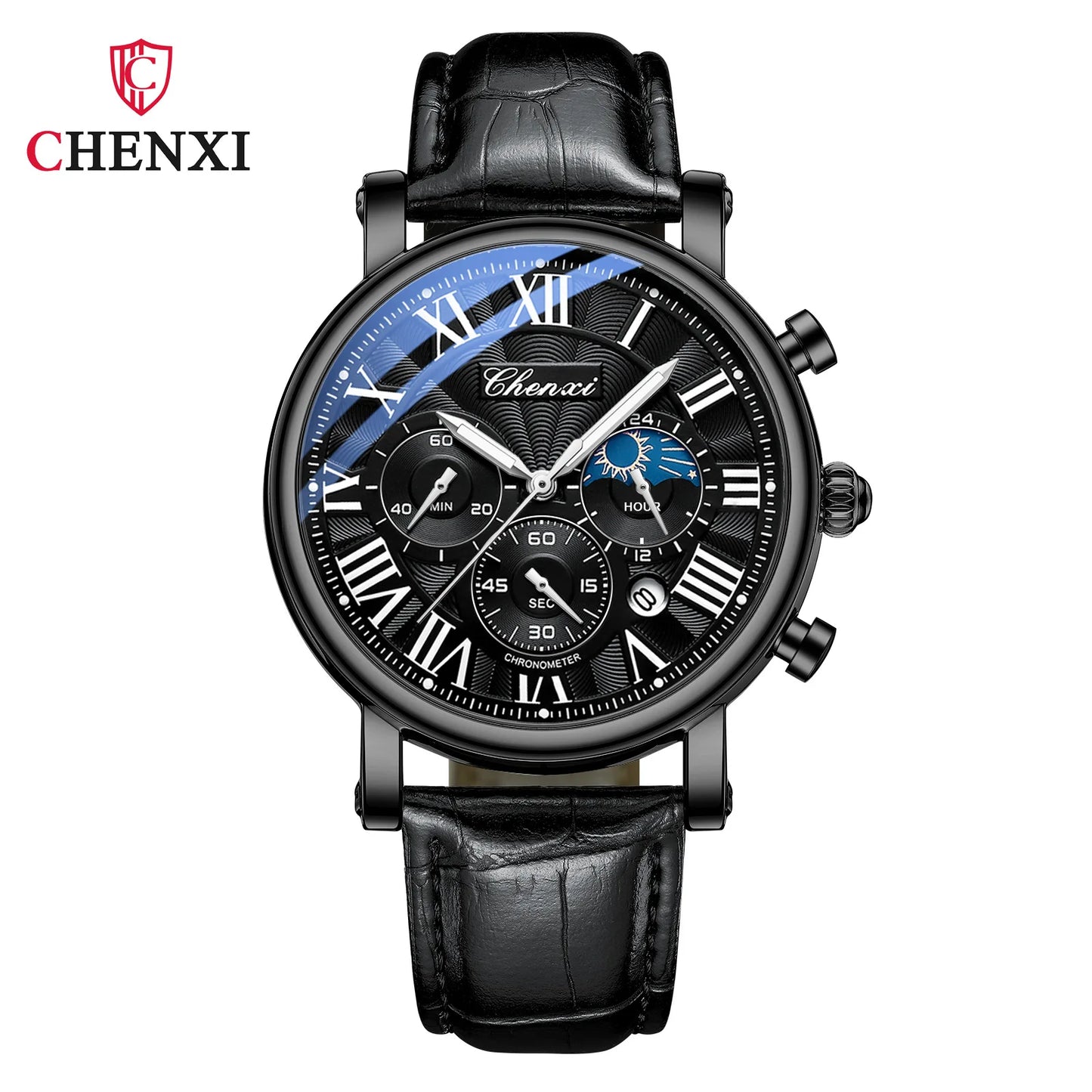 CHENXI 1973 Chronograph Watch- Moon Phase, Date Display & Leather Strap