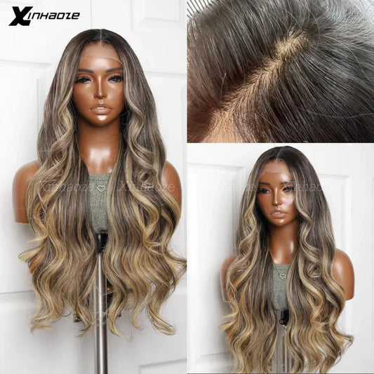 Premium HD Lace Frontal Wig Honey Blonde Highlight Body Wave 100% Human Hair Glueless & Pre - Plucked