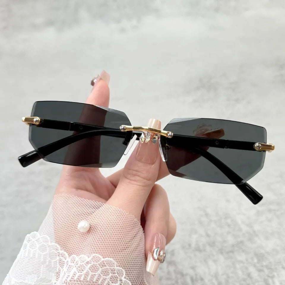 Rectangle Rimless Sunglasses Women Men - Small Square Trendy Shades UV400