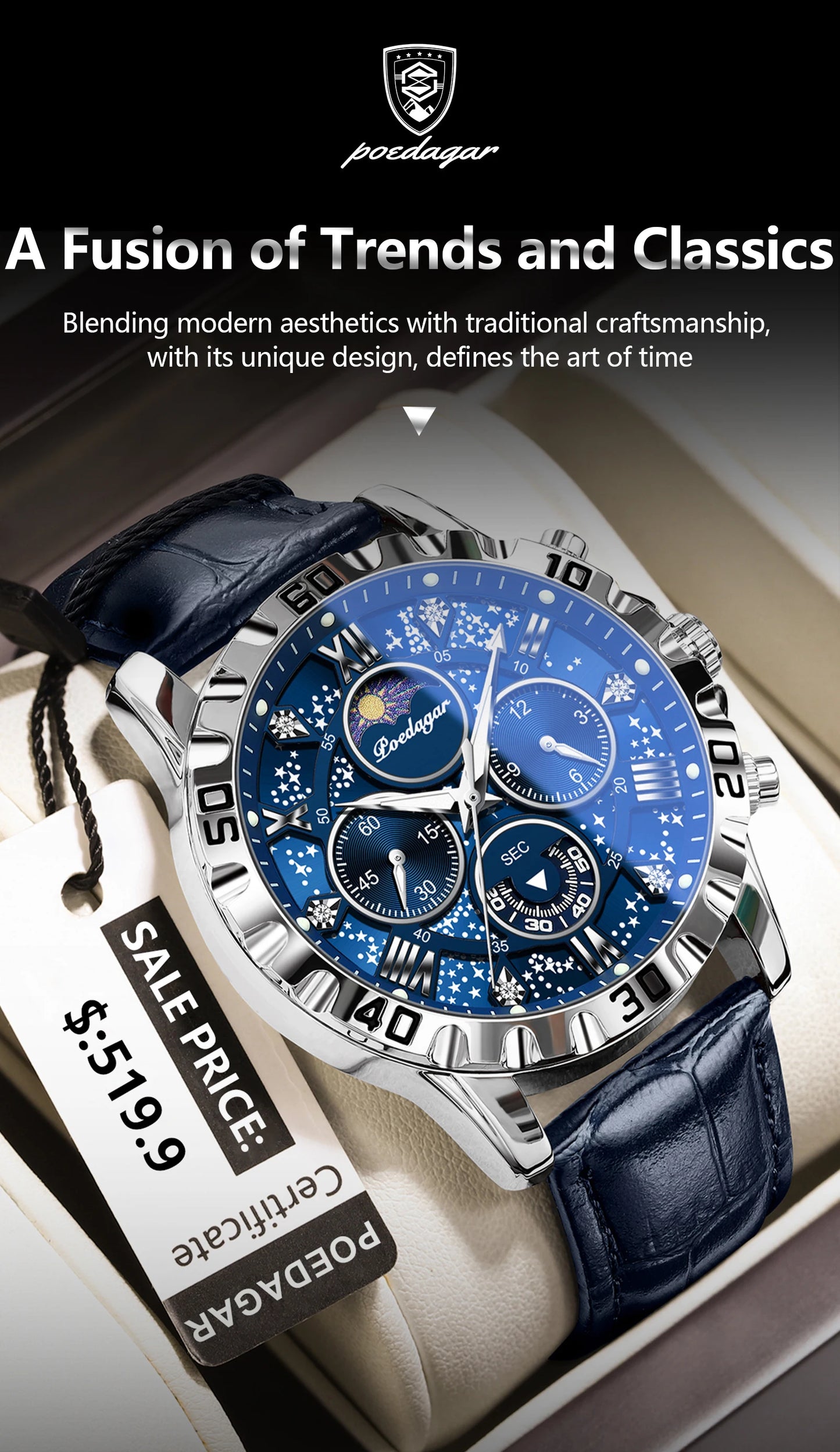 POEDAGAR men's Luxury Fashion Watch Waterproof Chronograph Leather Quartz Wriswatch