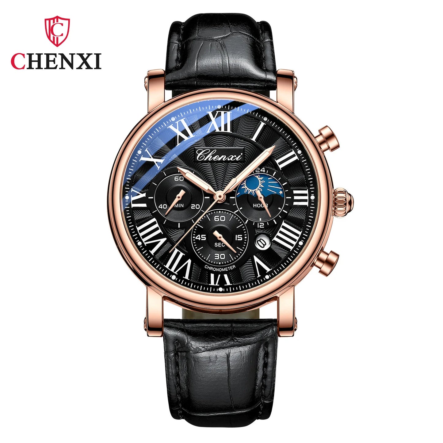 CHENXI 923 Men's Fashion Watch- Moon Phase, Roman Numeral Dial & Leather Strap