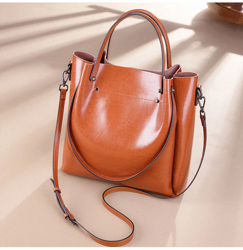 Genuine Leather Tote Bag - Vintage Women's Shoulder Handbag