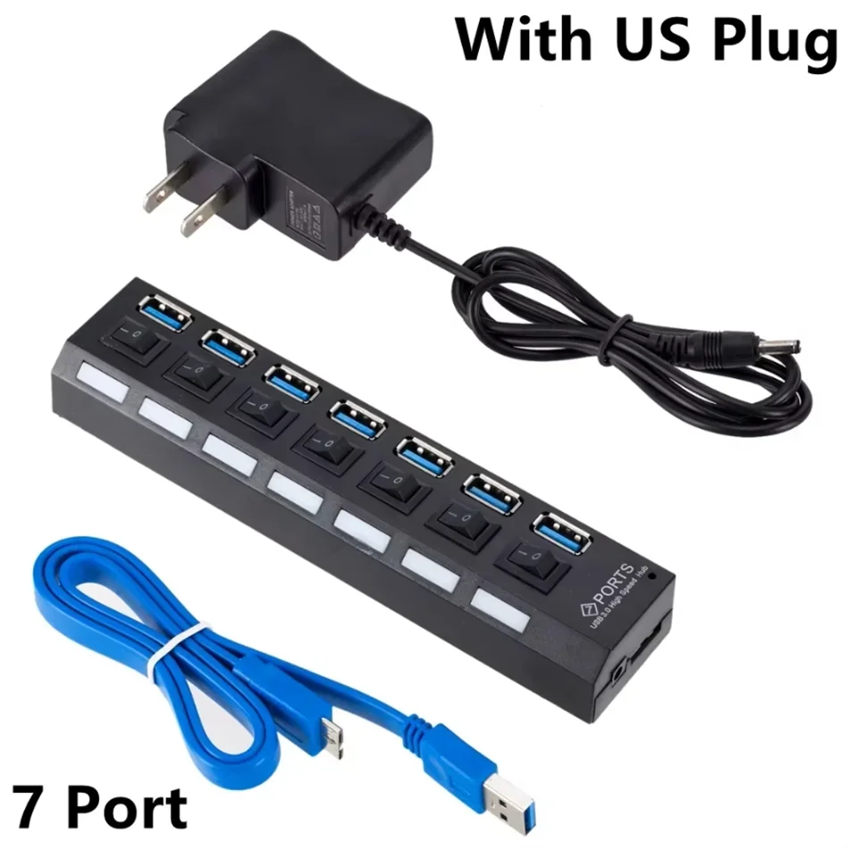 USB 3.0 HUB - High Speed 4/7 Port Splitter with power Adapter & On/ Off Switch