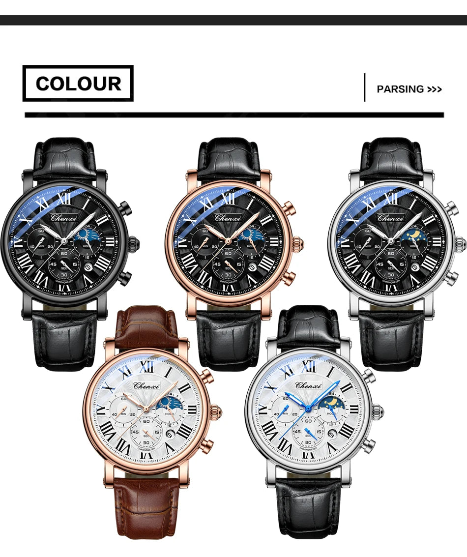 CHENXI 1973 Chronograph Watch- Moon Phase, Date Display & Leather Strap