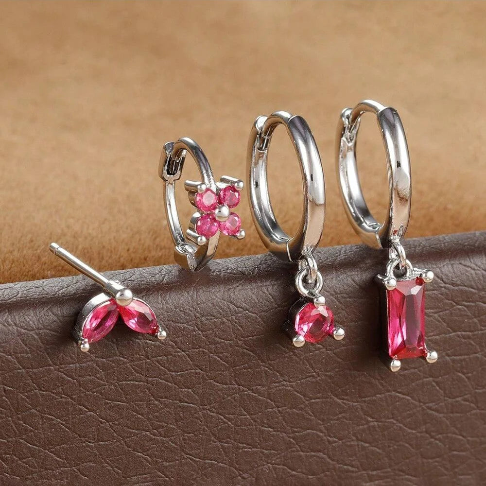 4Pcs Cubic Zirconia Flower Hoop Earrings Set 18k Gold- & Silver-Plated Stainless Steel