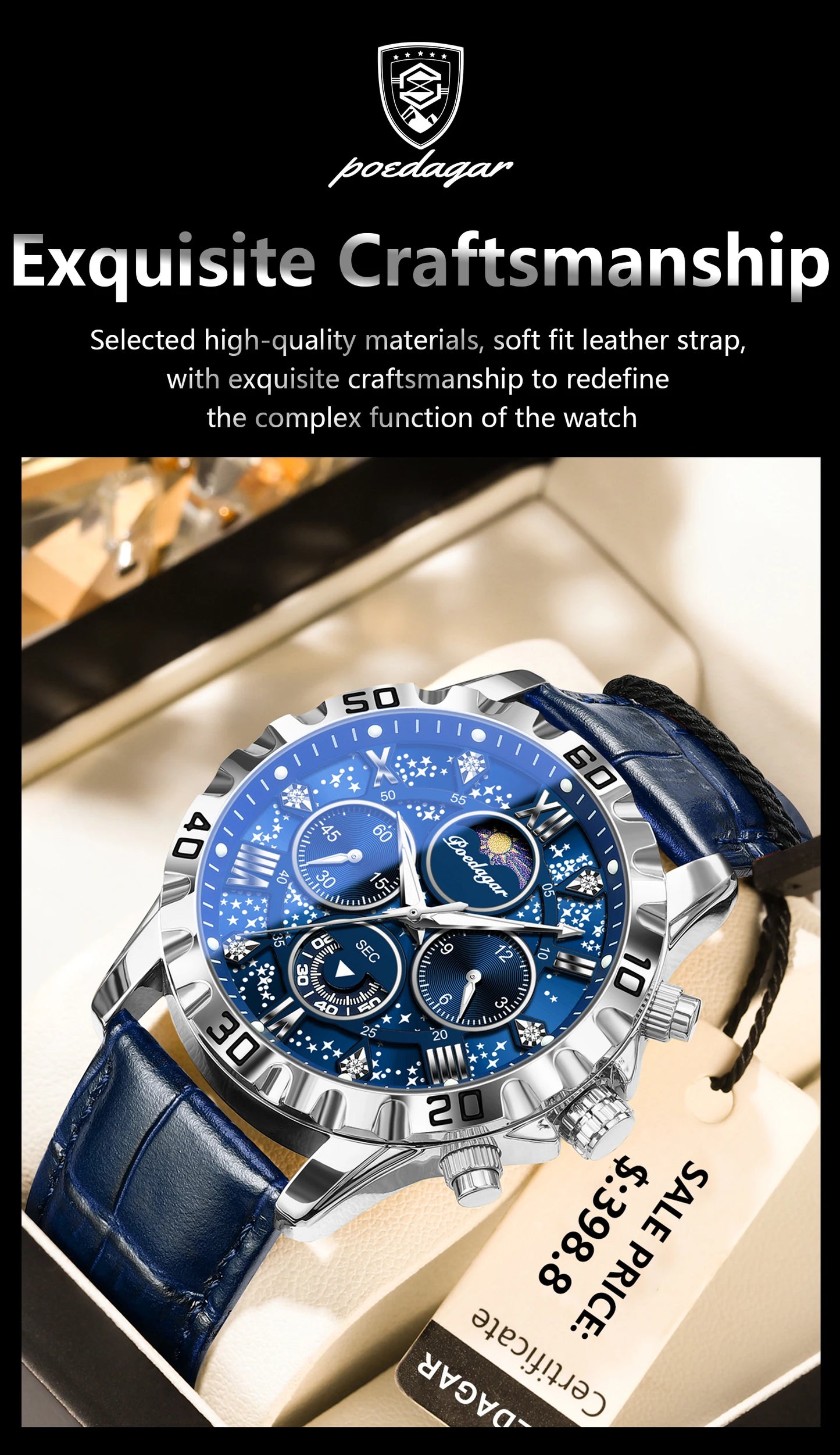 POEDAGAR men's Luxury Fashion Watch Waterproof Chronograph Leather Quartz Wriswatch