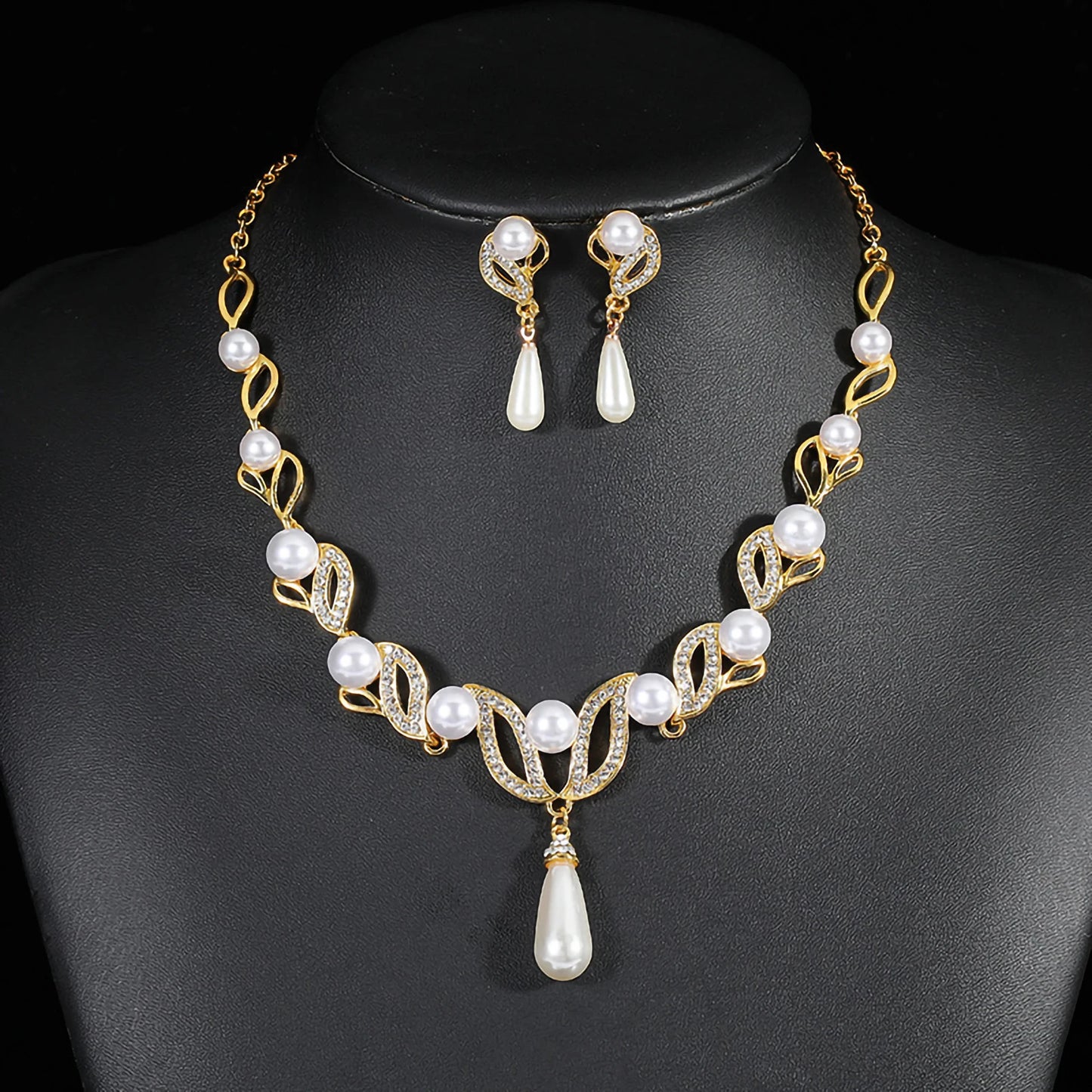 Luxury Pearl & Rhinestone Bridal Jewelry Set - Necklace & Earrings